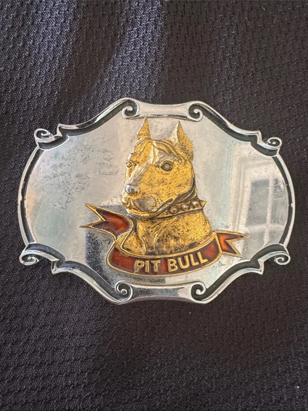Pit Bull Themed Metal Belt Buckle - Gold & Red Accents